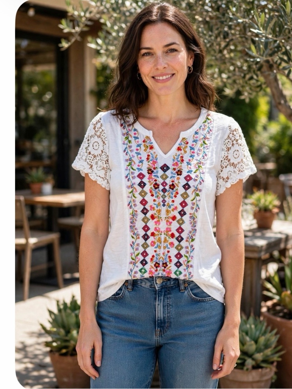 Sundance White Multicolor Embroidered V-Neck Lace Sleeve Top - Picture 2 of 7